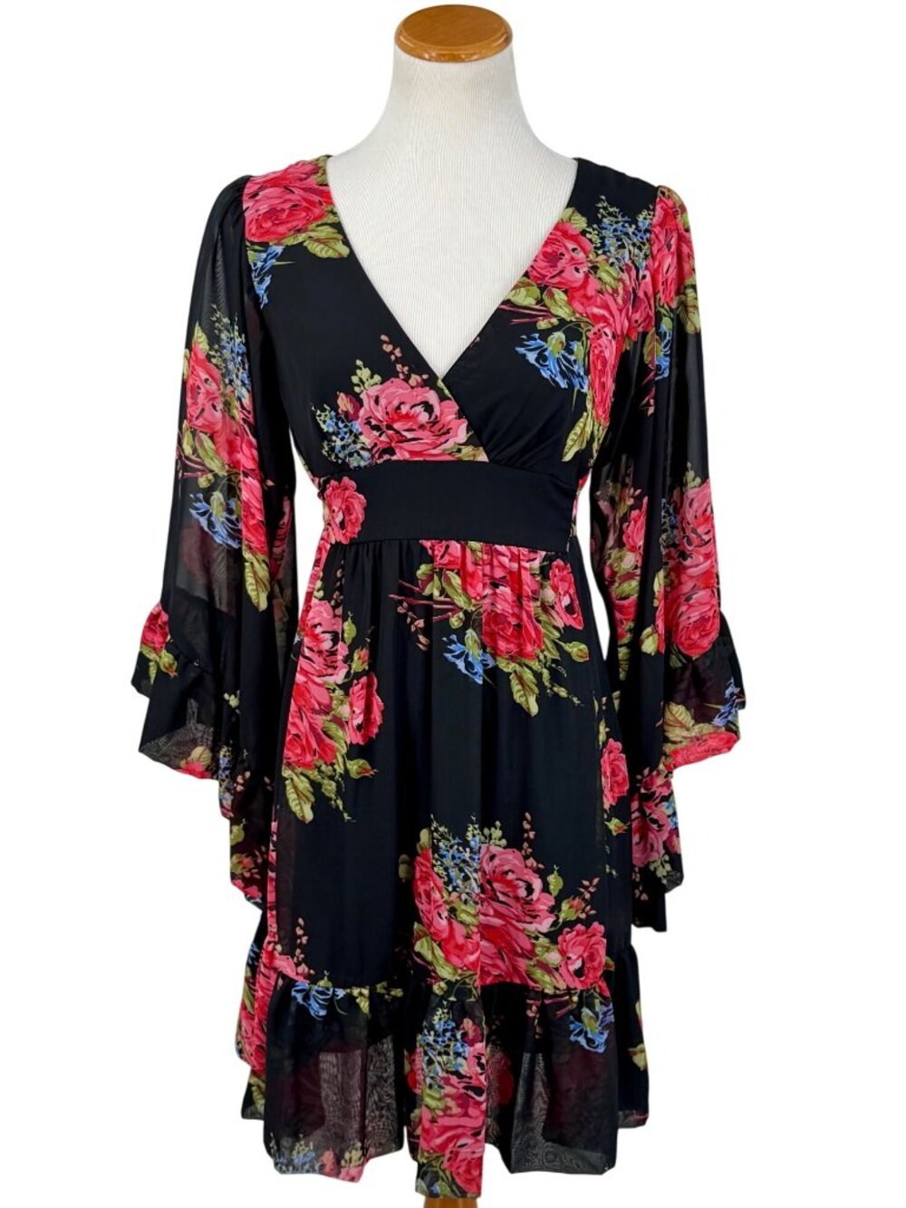 Betsey Johnson Black Bambi Floral Bell Sleeve Ruffle Hem Dress 8 | Y2K Boho Glam - Picture 2 of 16